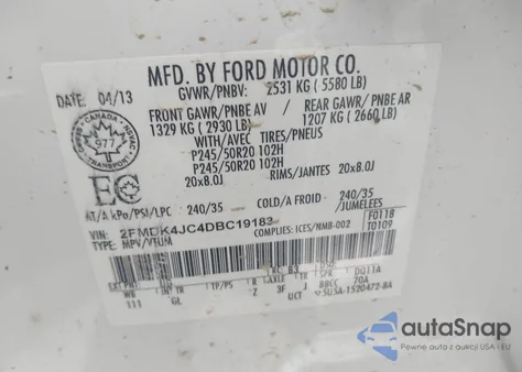 2013 Ford Edge Sel z USA, uszkodzony, nr VIN 2FMDK4JC4DBC19183